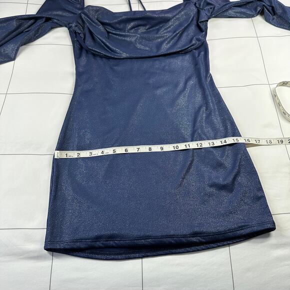 Lucy in the Sky Dress Womens Medium Blue Foil Flare Sleeve Mini Party Drape - Picture 9 of 11